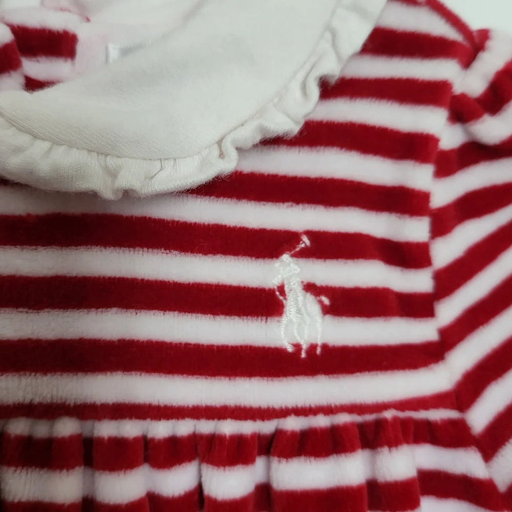 Ralph Lauren Girls Red & White Striped Velour Ruffled Neck Footed One Piece 6 Mo